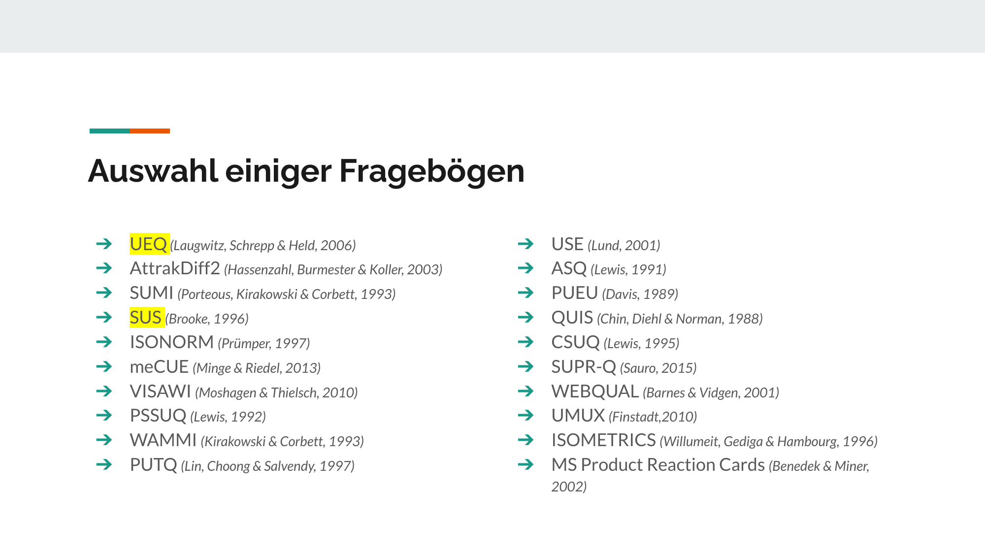 Eine Folie aus der 2025er-Version: 19 Fragebogen-Methoden im Überblick. Inhaltlich sauber, didaktisch eine Wand.