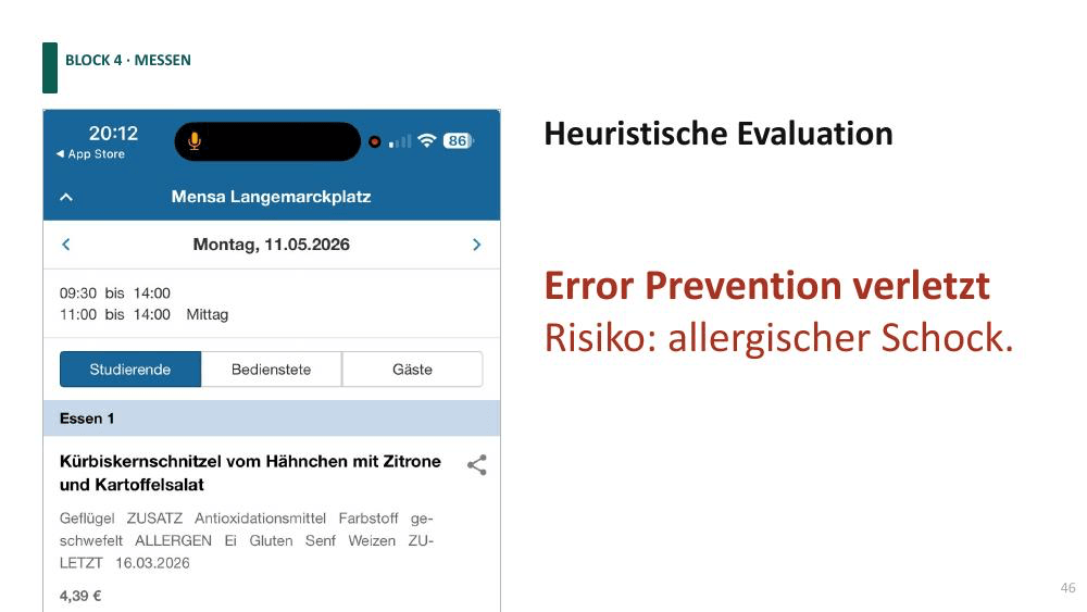 Echter Screenshot aus der Mensa-App: Allergene als Fließtext zwischen Zusatzstoffen und Zubereitungshinweisen, nicht als visuell hervorgehobener Block.