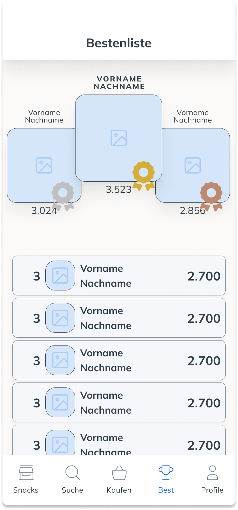 Bestenliste: Top-3-Podium mit Gold/Silber/Bronze + Rangliste ab Platz 4