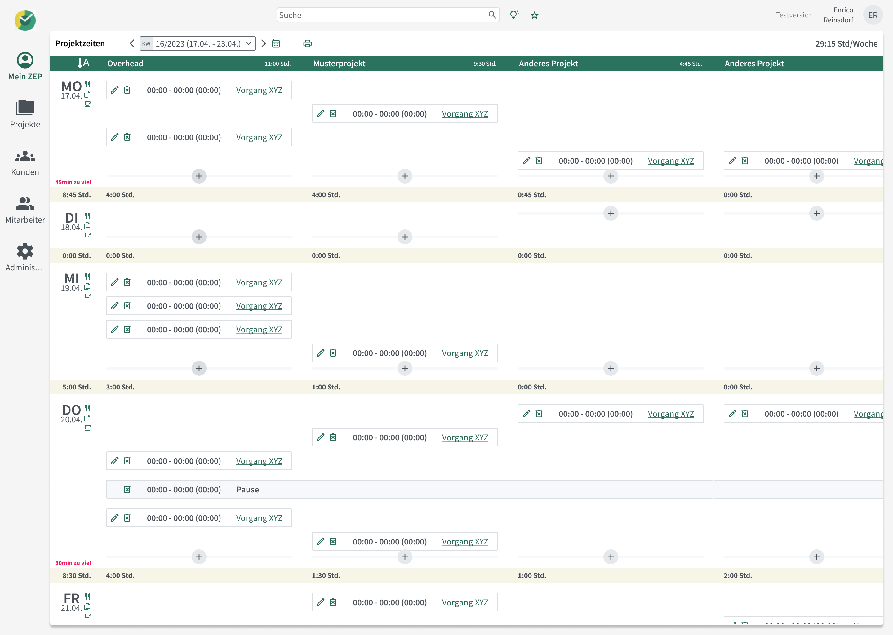 Variante 2: Vier-Spalten-Ansicht ohne Eingabe-Panel – maximale Übersicht für alle Projekte der Woche